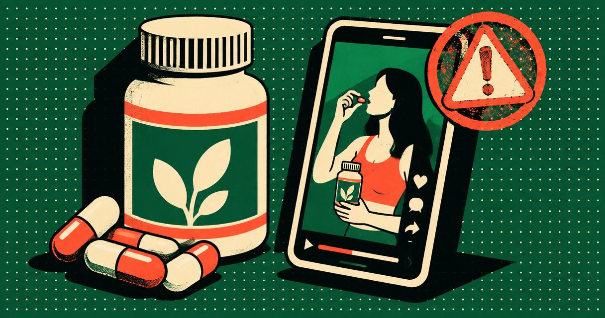 Supplement bottle beside a phone playing a creator ad with a warning stamp