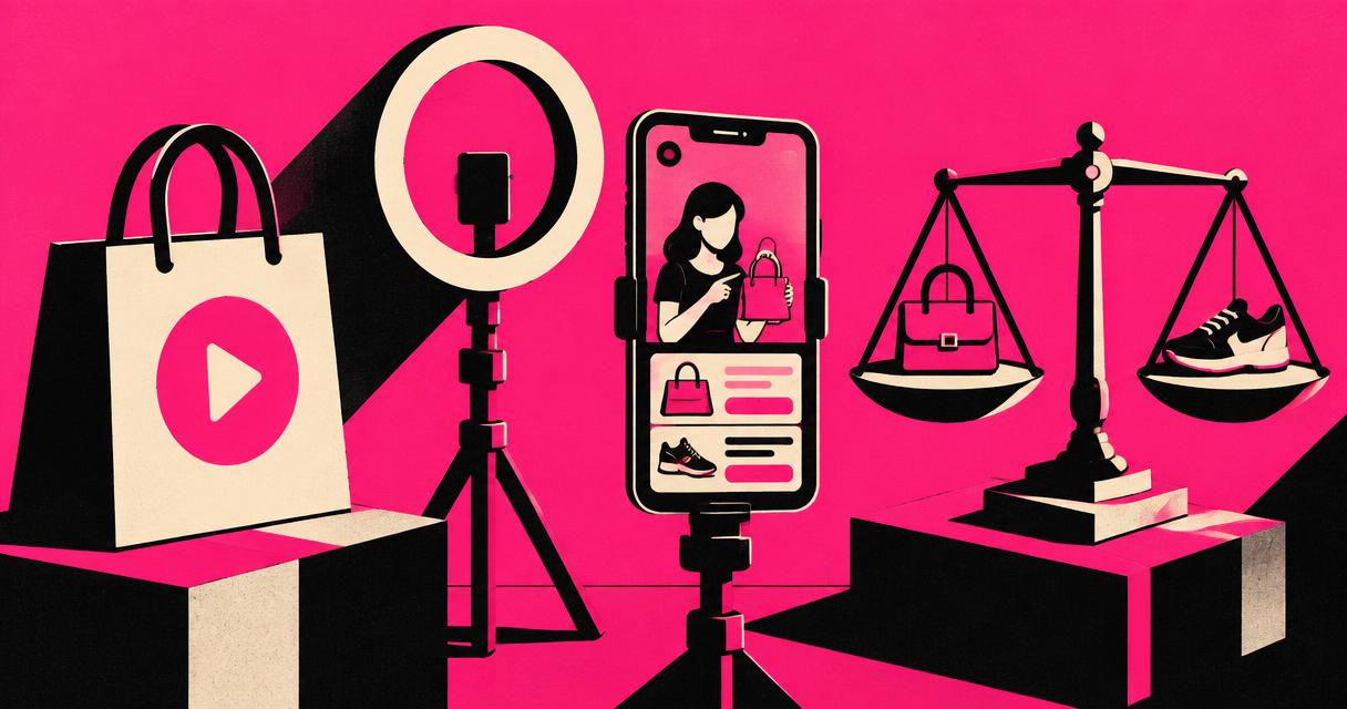 Shopping bag, ring light, phone with live shop and a balance scale on pink